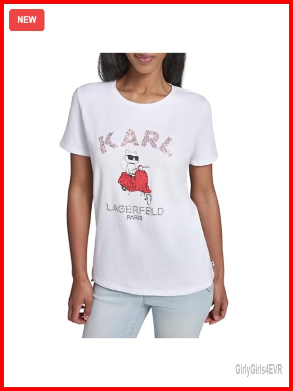 Karl Lagerfeld Logo Choupette on Moped T-Shirt Relaxed Fit Crew Neck Cap Sleeve